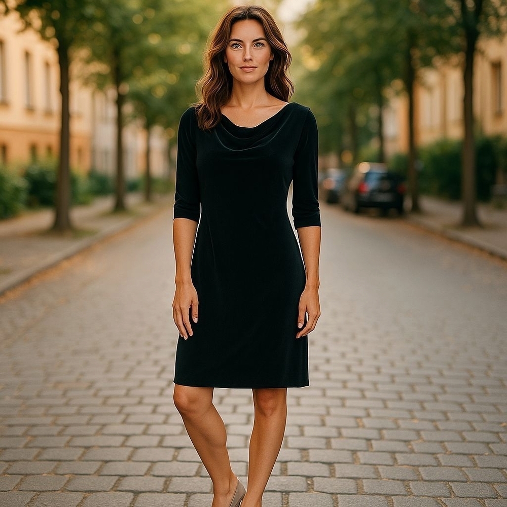 J. Jill Black Velvet Sheath Dress with Cowl Neck 3/4 Sleeves New Sz Medium Tall
